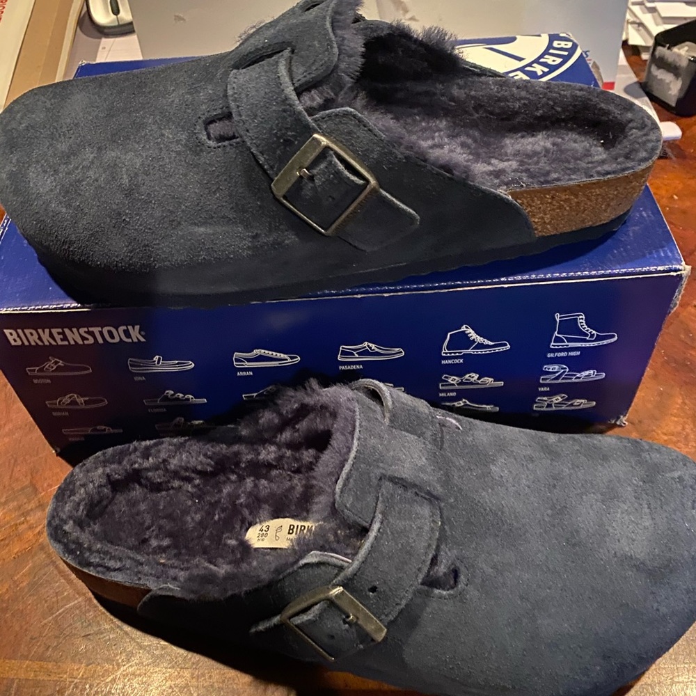 Birkenstock Boston shearling leather fur night blue navy new